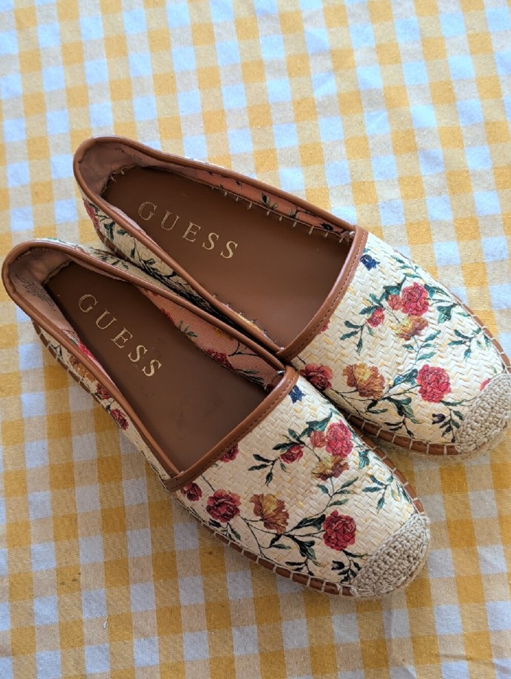 GUESS Cream Floral Slip-On Loafers with Brown Trim